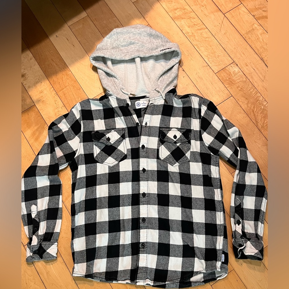 Hurley Black/White Plaid Button Down Long Sleeve W/Hood Boys Size Small
